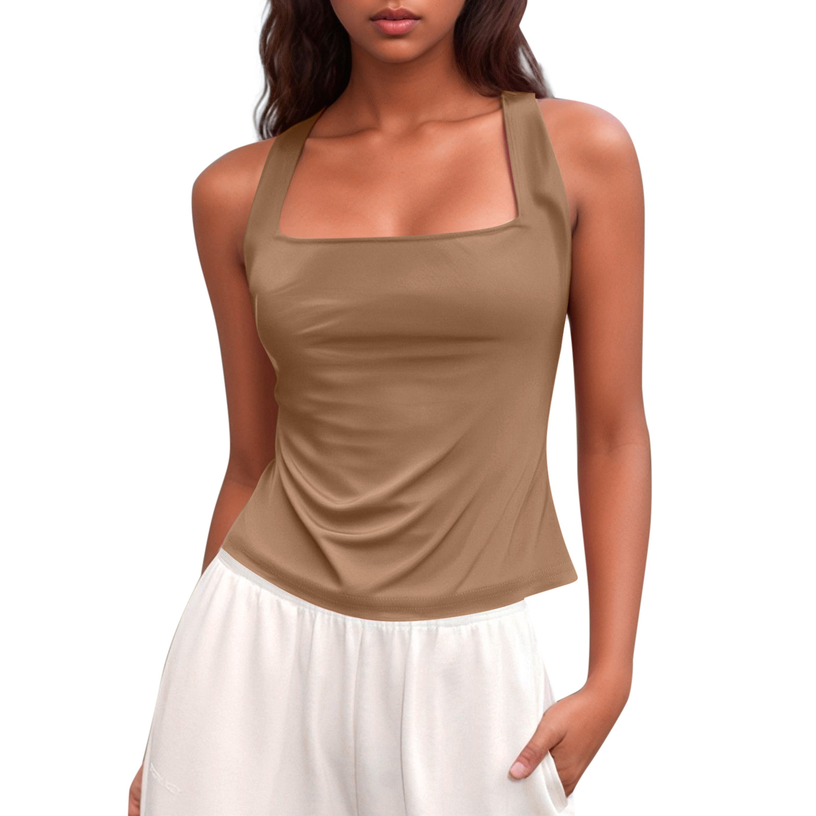 thumbnail image 1 of Camiseta sin mangas de verano ajustada para mujer: sin mangas, color liso, poliéster transpirable, corte ajustado, versátil para combinar con pantalones cortos o faldas., 1 of 5